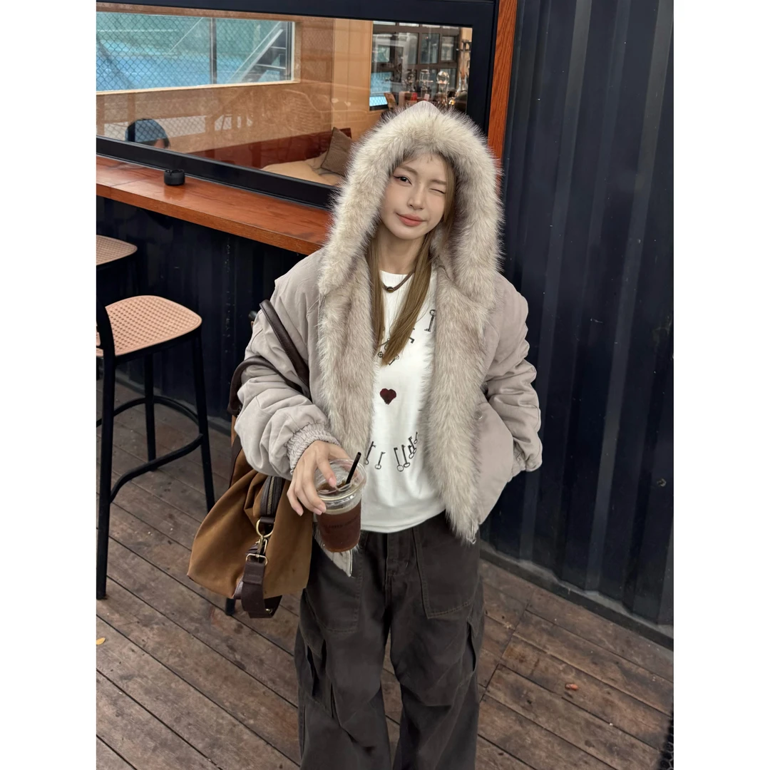 XFX 美式复古毛领短款座山雕棉服外套女冬季cleanfit保暖拉链上衣