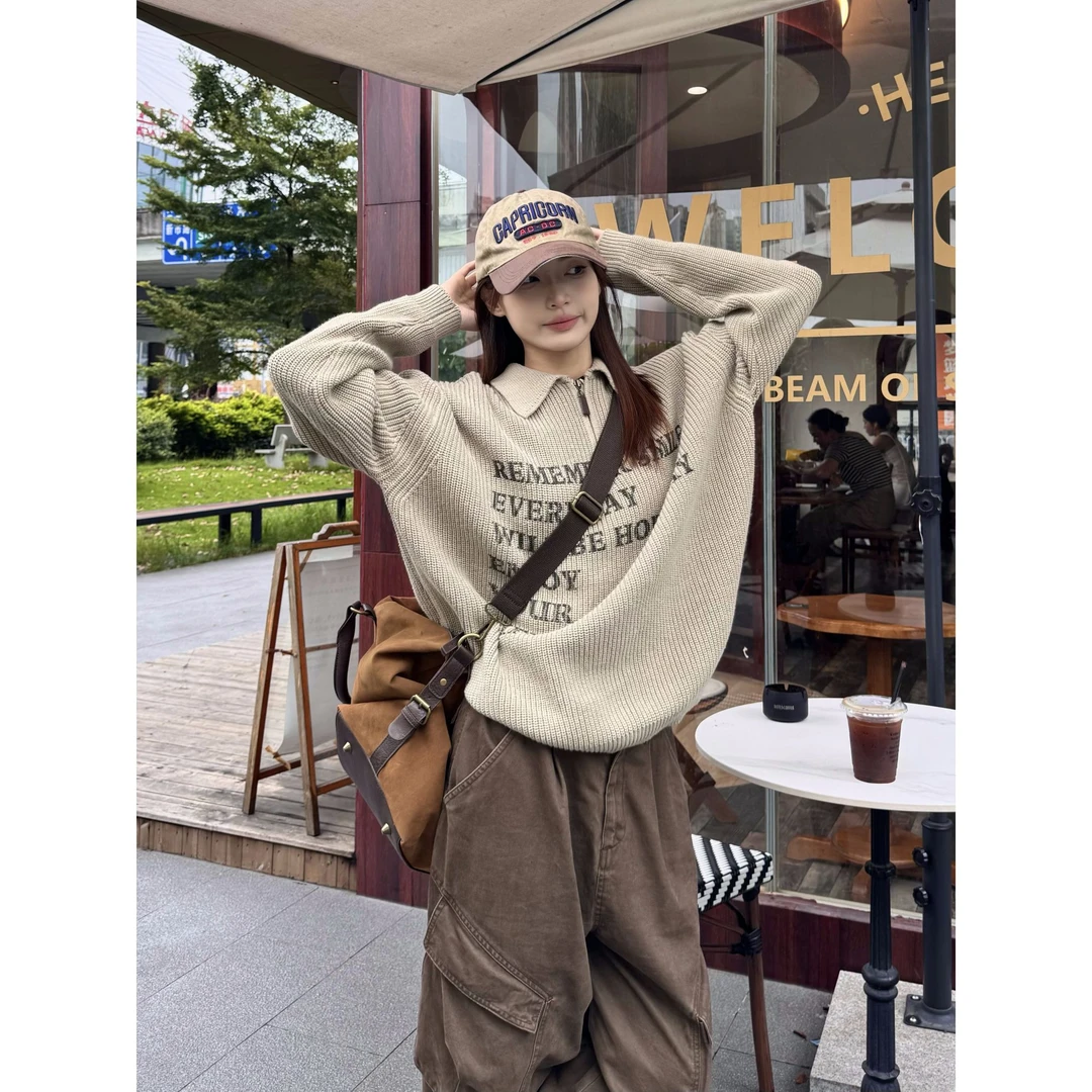 XFX 国潮美式复古宽松半拉链毛衣长袖女秋季休闲显瘦运动字母上衣