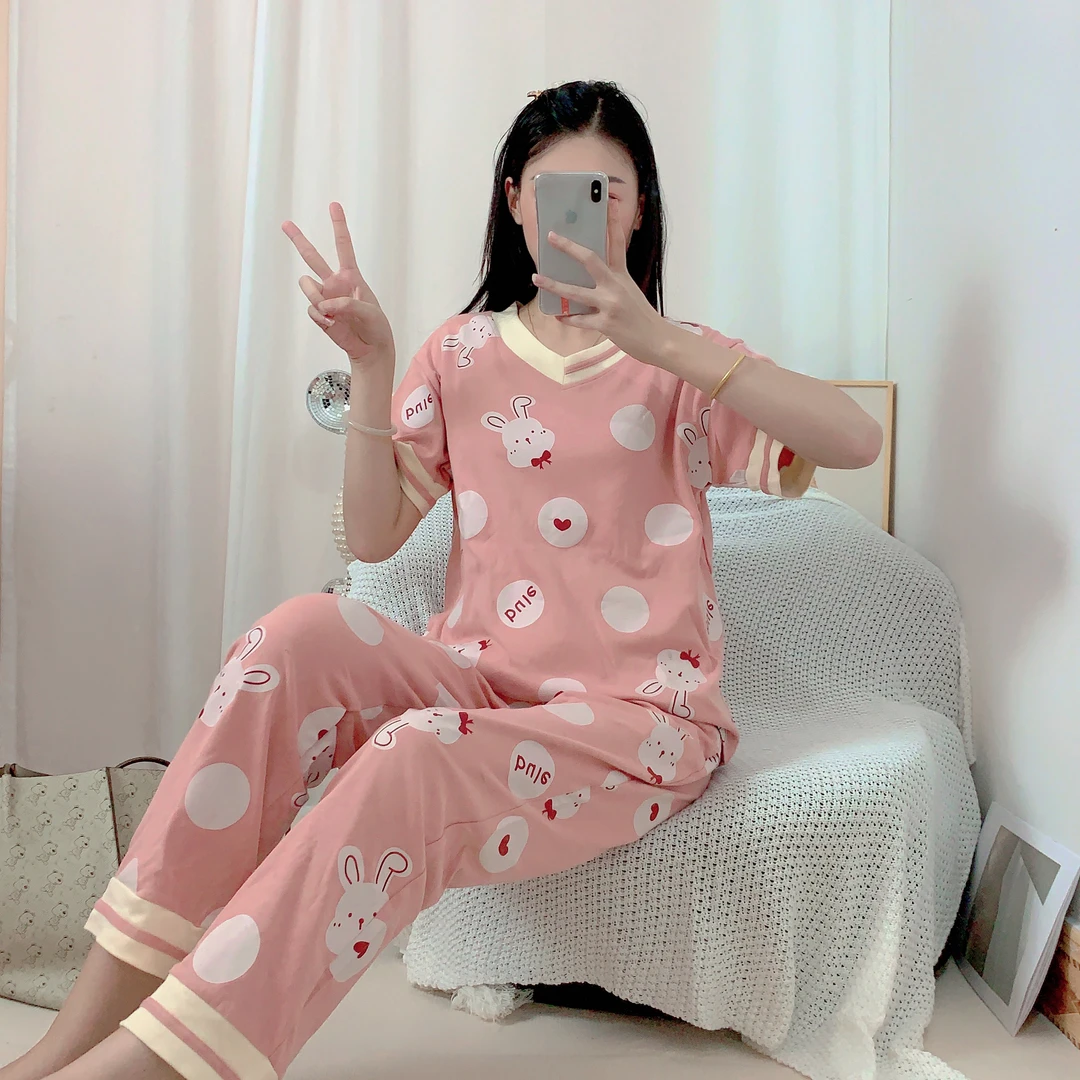 新款女士短袖长裤睡衣套装V领粉色兔子8864