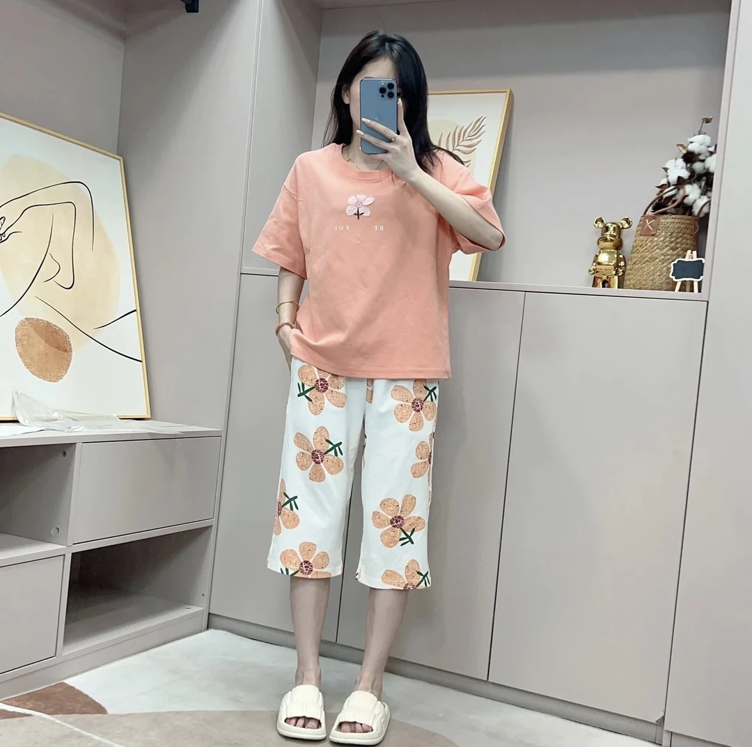 品牌女士短袖七分裤家居服套装(奶桔色菊花)931