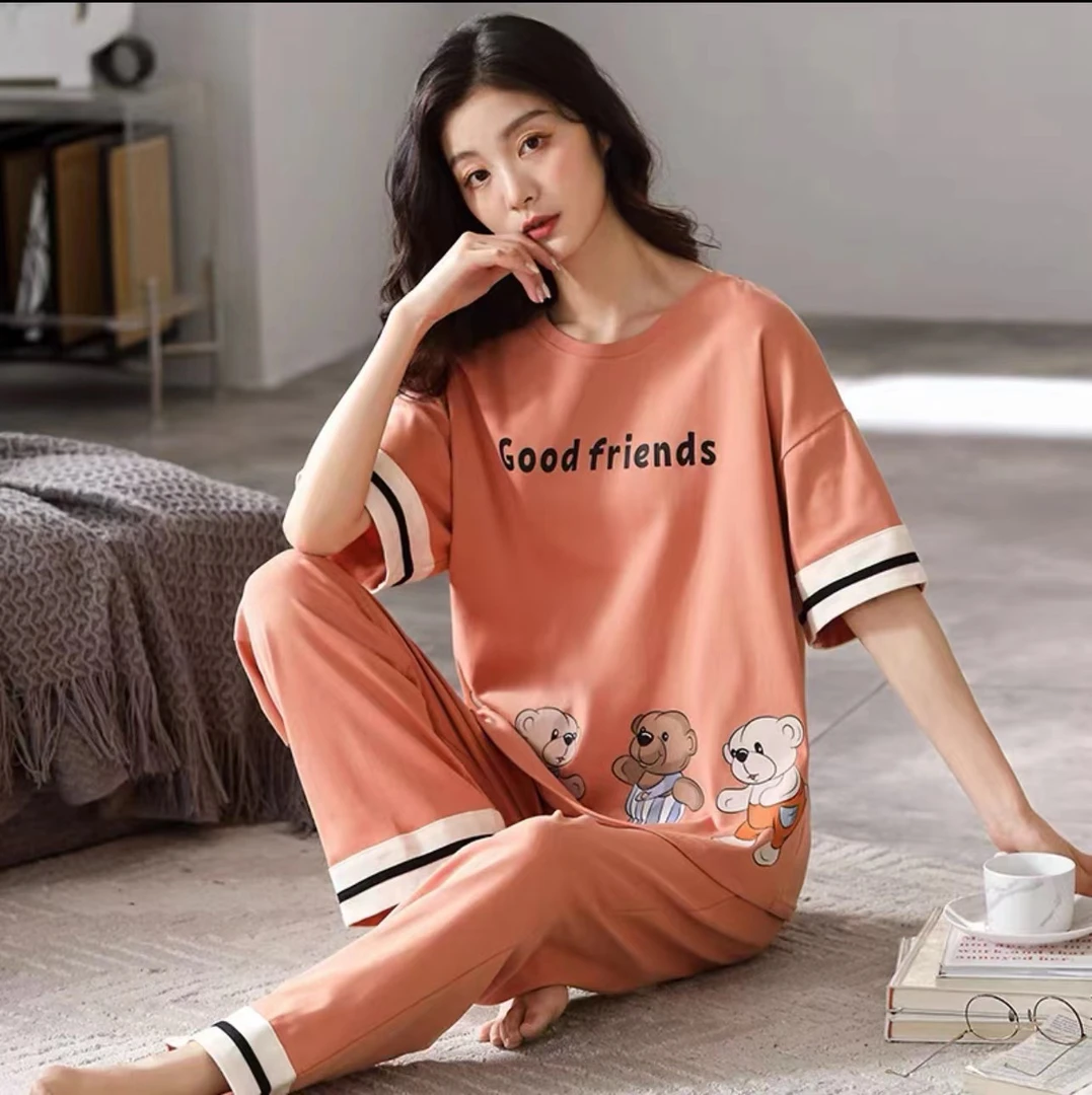 新款女士短袖长裤睡衣套装4只小熊桔色3008