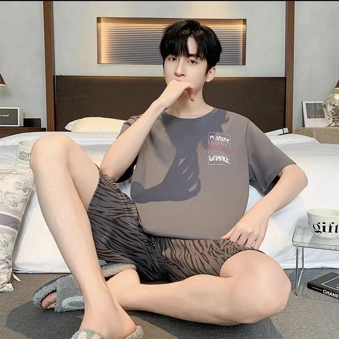 新款男士短袖短裤家居服HMF 52108灰色条