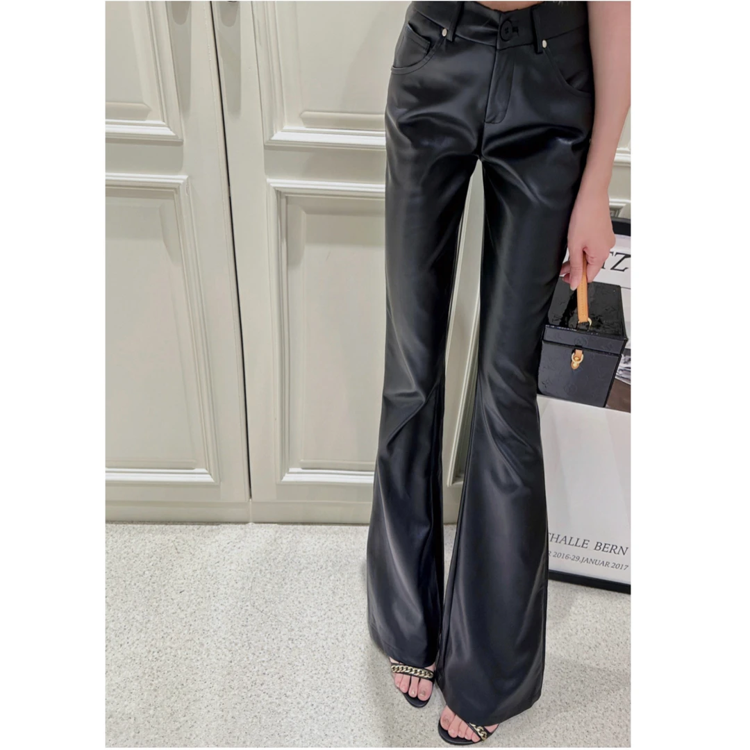 【莉萍服饰】黑色微喇叭皮裤女秋季新款高腰弹力美式辣妹裤