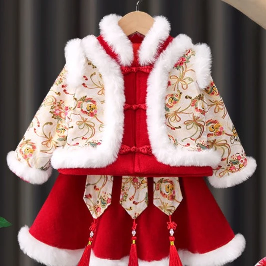 女童秋冬加绒加厚儿童唐装中国风冬装宝宝新年拜年服冬季喜庆小童