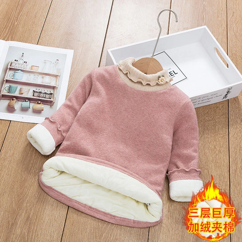 女童打底衫三层夹加绒洋气上衣秋冬款中大童一件过冬保暖半高领