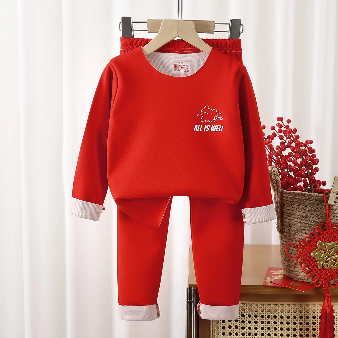 儿童本命年羊毛蚕丝保暖衣套装德绒无痕新年款大红色秋衣秋裤蛇年