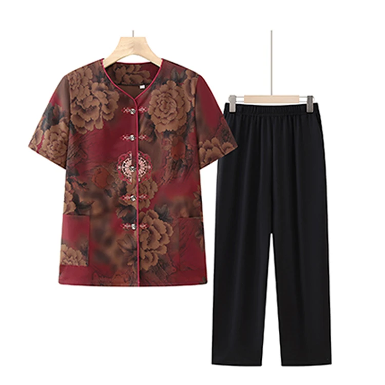 中老年女装夏季套装妈妈装短袖套裤奶奶装夏薄款短袖老人衣服女