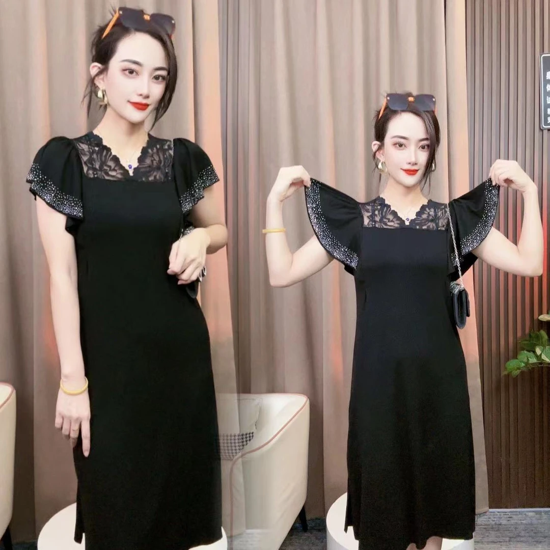 063蕾丝拼接时尚百搭显瘦V领烫钻女士气质短袖飞飞袖荷叶边连衣裙