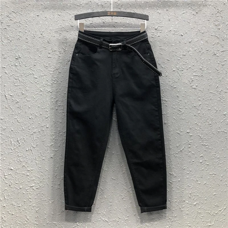 黑色高腰弹力牛仔裤女2025年秋冬加绒宽松显瘦哈伦老爹小脚萝卜裤