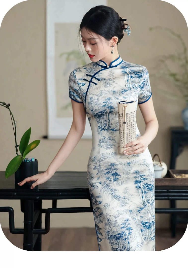 （江山如画）缎面高端大气日常复古国风旗袍订婚婚宴连衣裙