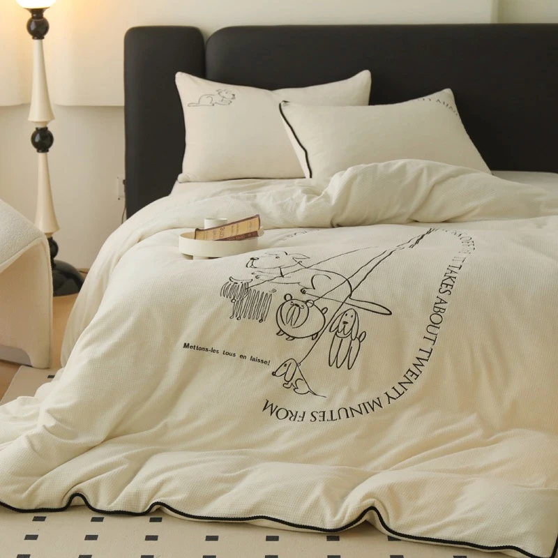 初禾家！ 狗狗派对 超高克重全消光牛奶绒 法式轻奢四件套床上用品