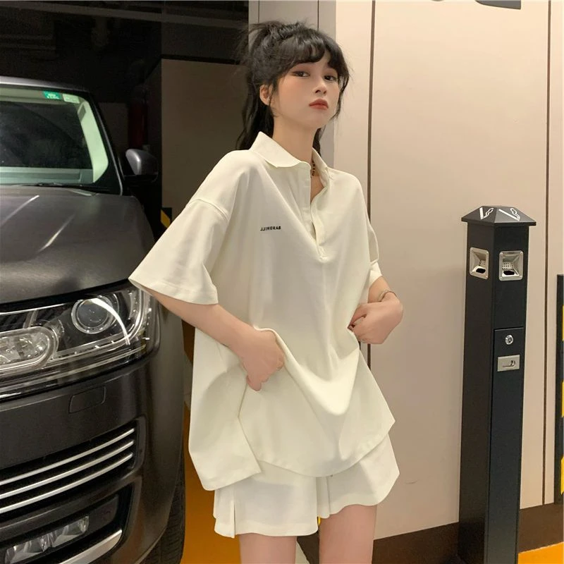 宽松显瘦慵懒风运动套装女夏季休闲短裤polo领短袖t恤盐系两件套