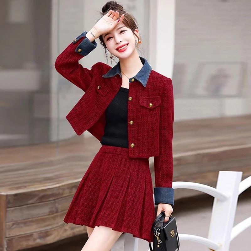 红色小香风套装裙女秋冬季2025新款爆款圣诞穿搭一整套减龄两件套