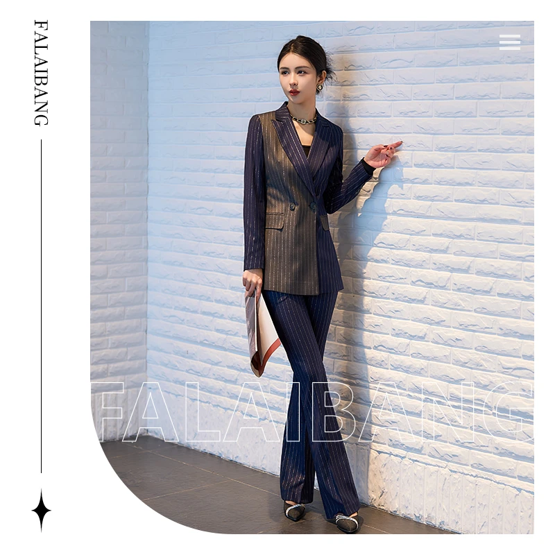 Falaibang/法莱邦115-9春秋款藏蓝拼接长袖微喇裤西装套装