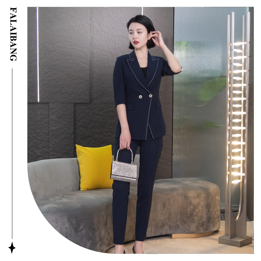 【丽爷】3124-62夏款深蓝色中袖小脚裤西装套装