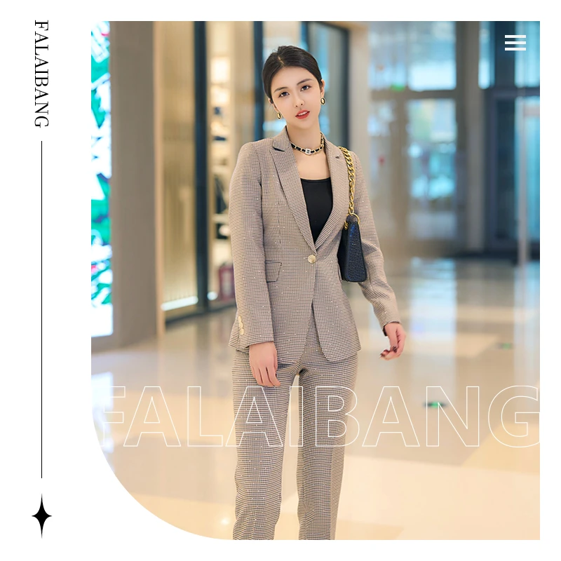 Falaibang/法莱邦123-3春秋款黄格长袖小脚裤西装套装