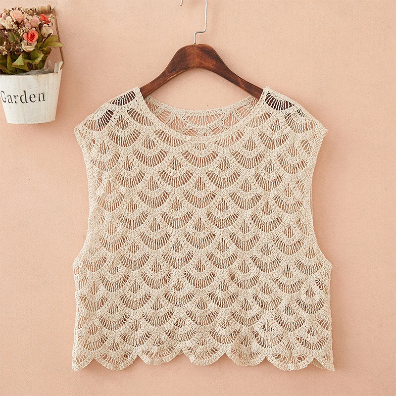 宽肩带吊带女夏季短款镂空圆领薄款上衣宽松无袖罩衫百搭外穿背心