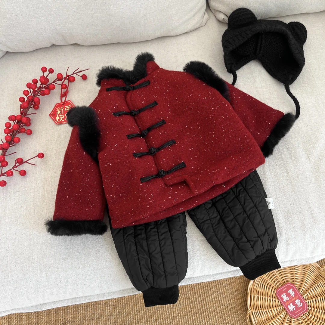 男童拜年服唐装夹棉加厚保暖棉服女宝宝汉服中国风红色喜庆过年服
