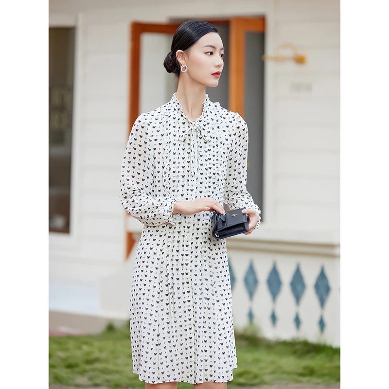 dunnu敦奴24新款商场同款木耳领系带碎女士连衣裙DS15011281