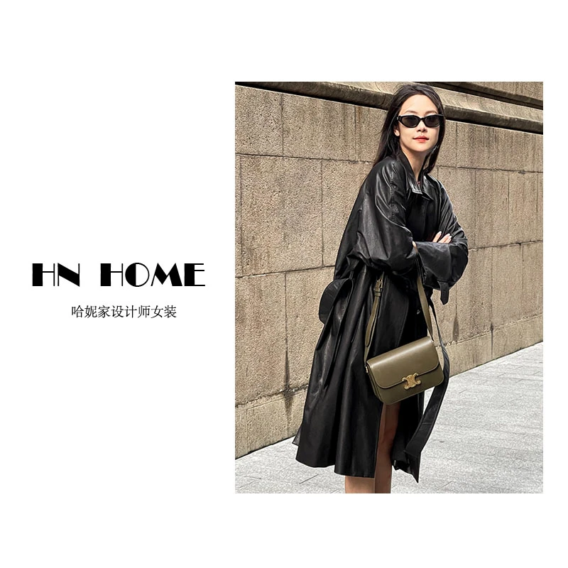 HN HOME设计师原创“暗夜黑骑士”阔型中长款皮风衣宽松皮衣外套