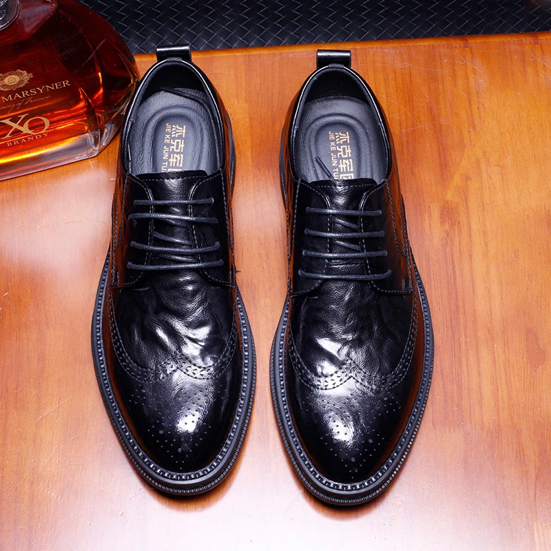 雕花休闲男皮鞋复古系带百搭韩版商务尖头正装系带结婚鞋男士