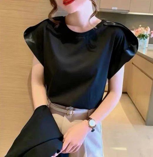 品牌折扣清仓专柜撤柜丝带袖拼接丝光棉圆领T恤显瘦纯色短袖女夏