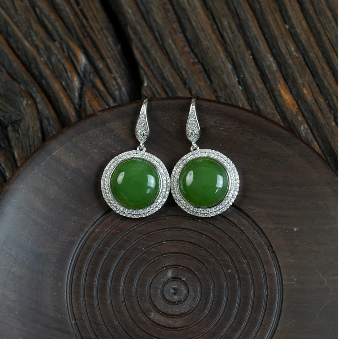 【石缘居珠宝】S925银镶嵌和田玉碧玉材质佩戴时尚个性款耳钩C46-57