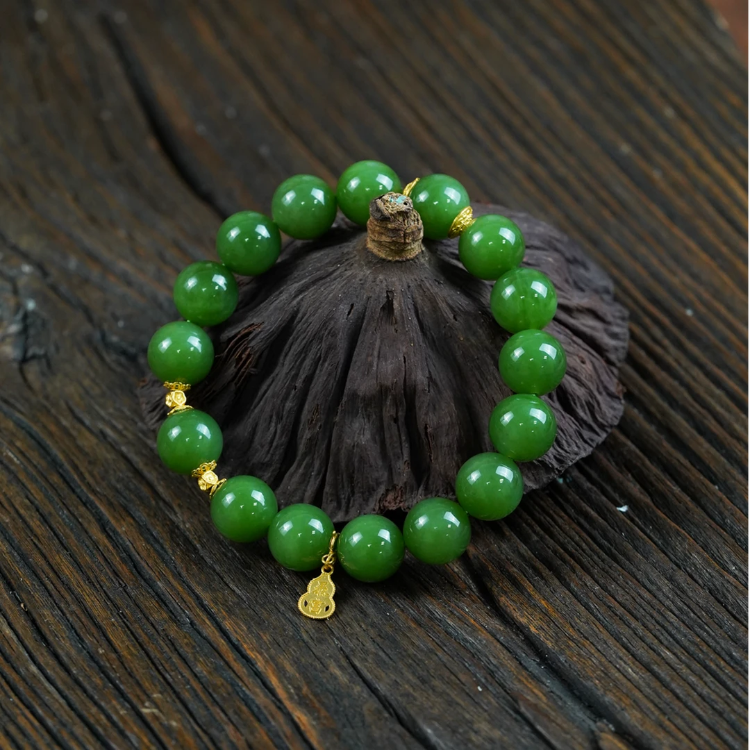 【石缘居珠宝】18K金镶嵌和田玉碧玉佩戴时尚大气款圆珠手串C58-217