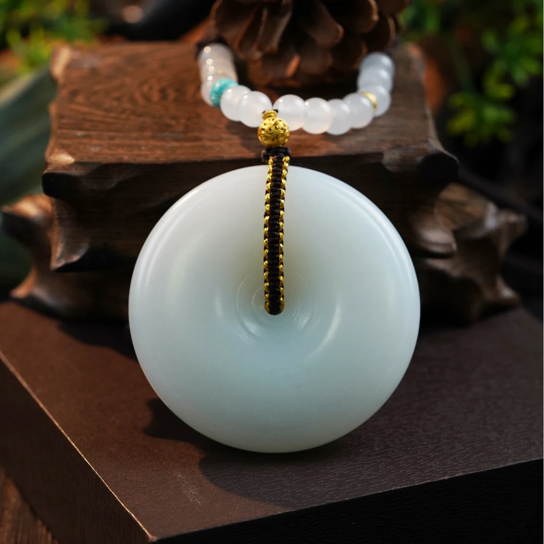 【石缘居珠宝】18K金扣头天然和田玉白玉时尚大气款平安扣吊坠 C2-3