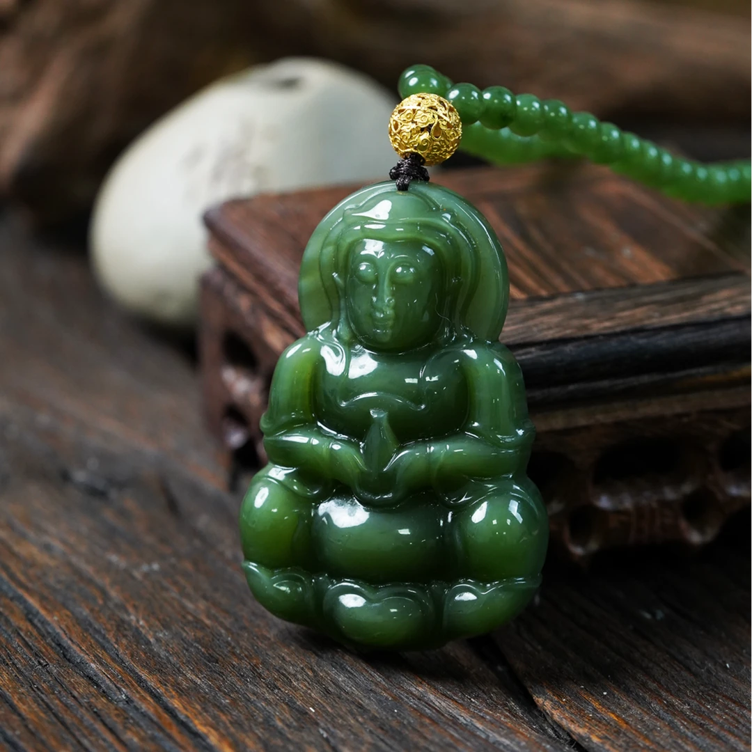 【石缘居珠宝】18K金扣头和田玉碧玉佩戴高贵大气款观音吊坠C58-301