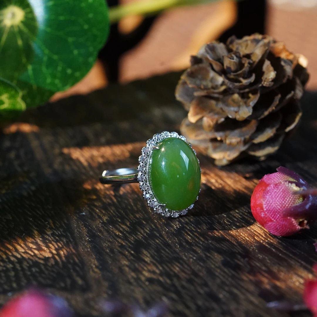 【石缘居珠宝】S925银镶嵌和田玉碧玉时尚个性蛋面戒指 c18-428