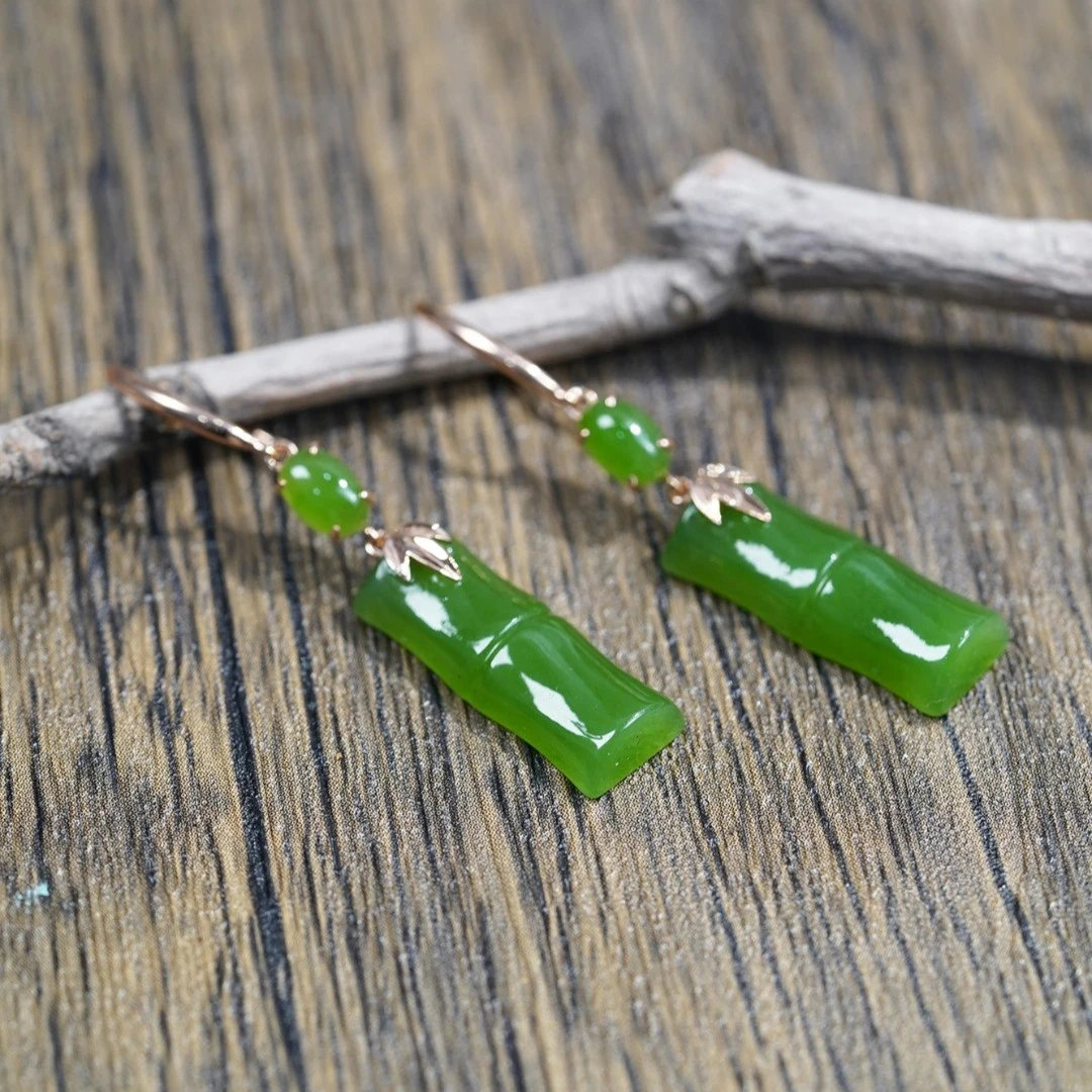 【石缘居珠宝】18K金镶嵌和田碧玉大气竹节耳钩 C12-2 节节高升