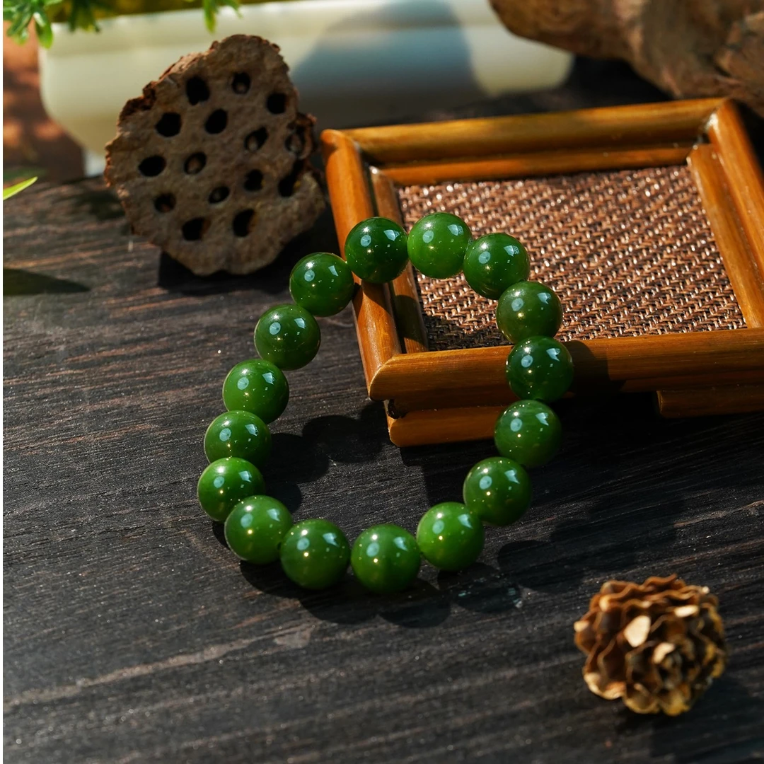 【石缘居珠宝】天然和田玉碧玉时尚大气百搭款素圈圆珠手串 C40-10