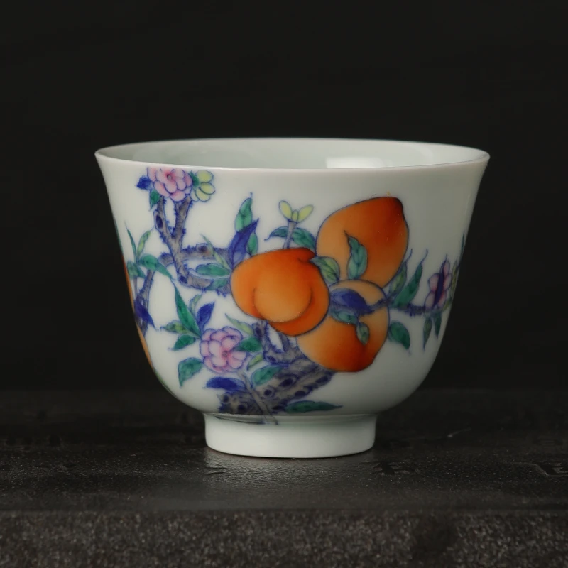 见山烧 景德镇青花斗彩手绘五桃杯手工茶具品茗杯茶杯