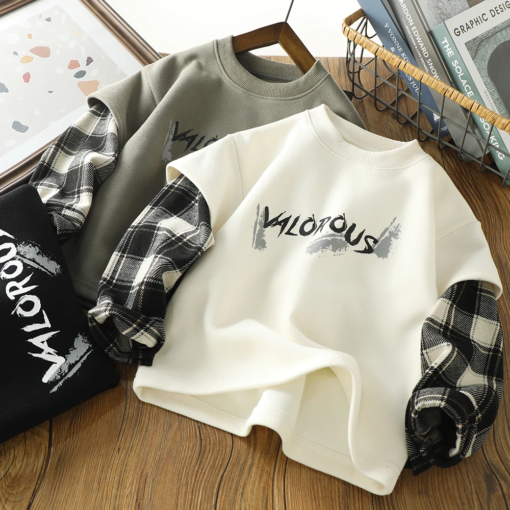 儿童卫衣男童长袖T恤中大童装春秋季上衣假两件格子打底男孩53331