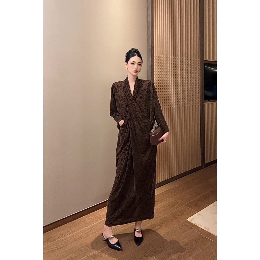 紫紫 古着主义 野生美学咖豹纹丝绒连衣裙秋季连衣裙 ZC06LZYL409