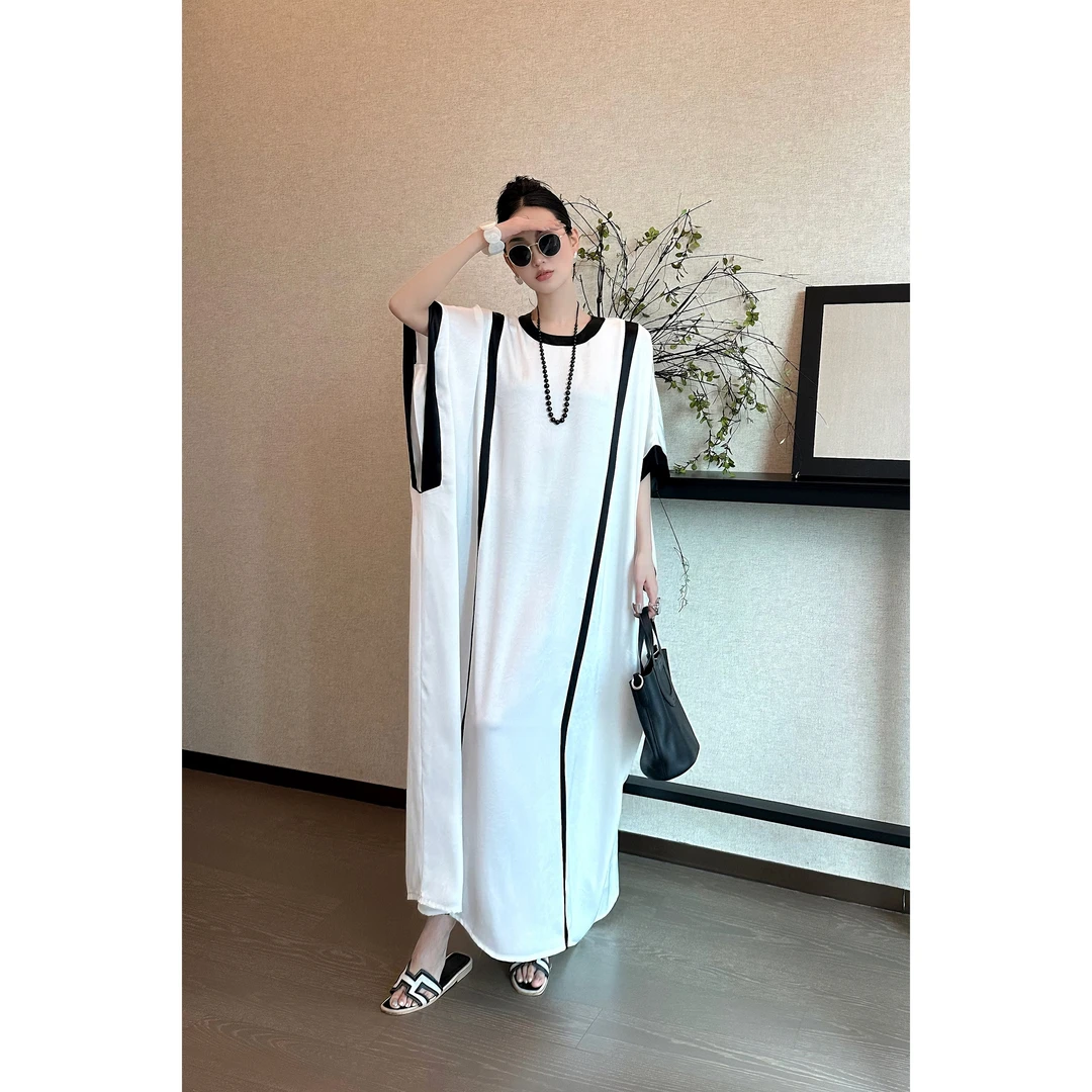 紫紫  新古典主义  肌理立裁蝙蝠裙夏季拼接宽松连衣裙 ZSJC0551