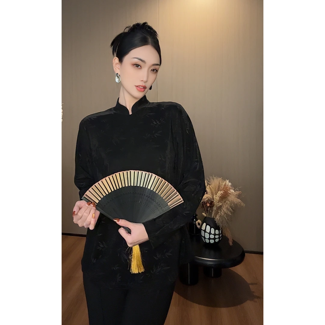 紫紫 岚竹入秋 中式竹影植绒上衣秋季款长袖女装卫衣 ZC08SZHJ210