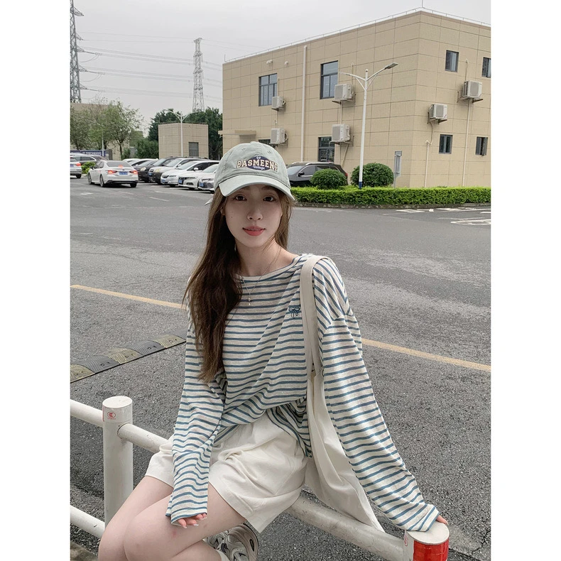 日系减龄蝴蝶结刺绣圆领长袖防晒衣T恤女休闲百搭宽松条纹空调衫