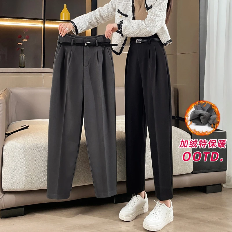 毛呢裤女秋冬季加绒裤子2024新款宽松直筒休闲哈伦萝卜烟管西装裤