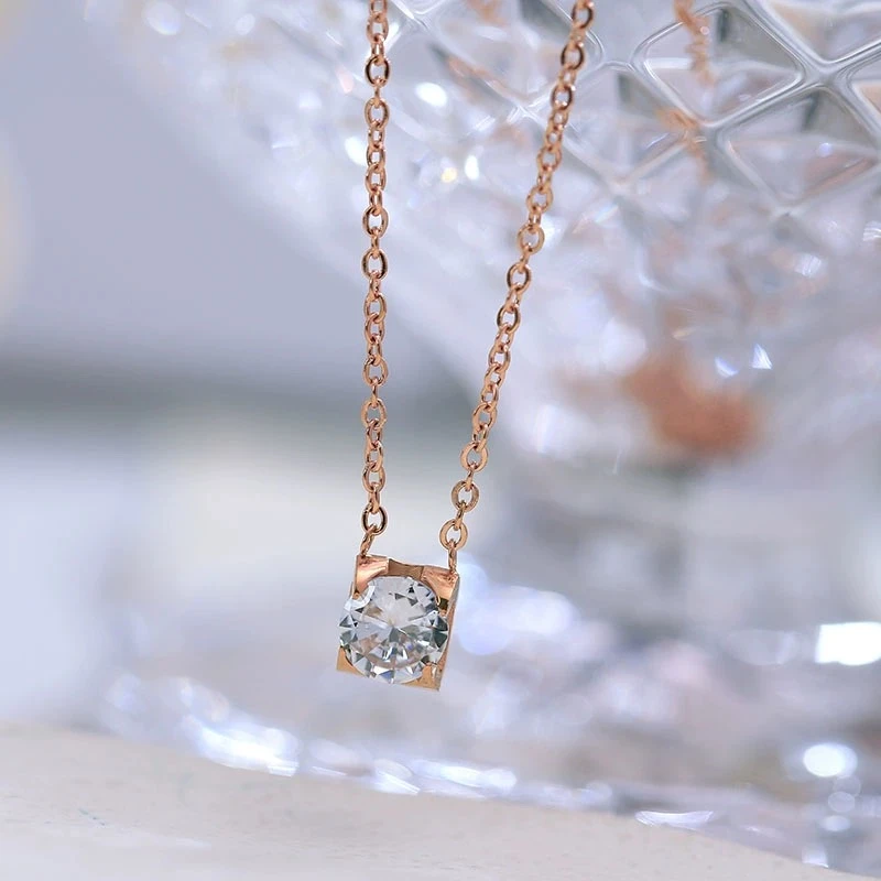 钛钢项链 A-138–玫瑰金颜色单钻项链气质锁骨链轻奢百搭小众简约