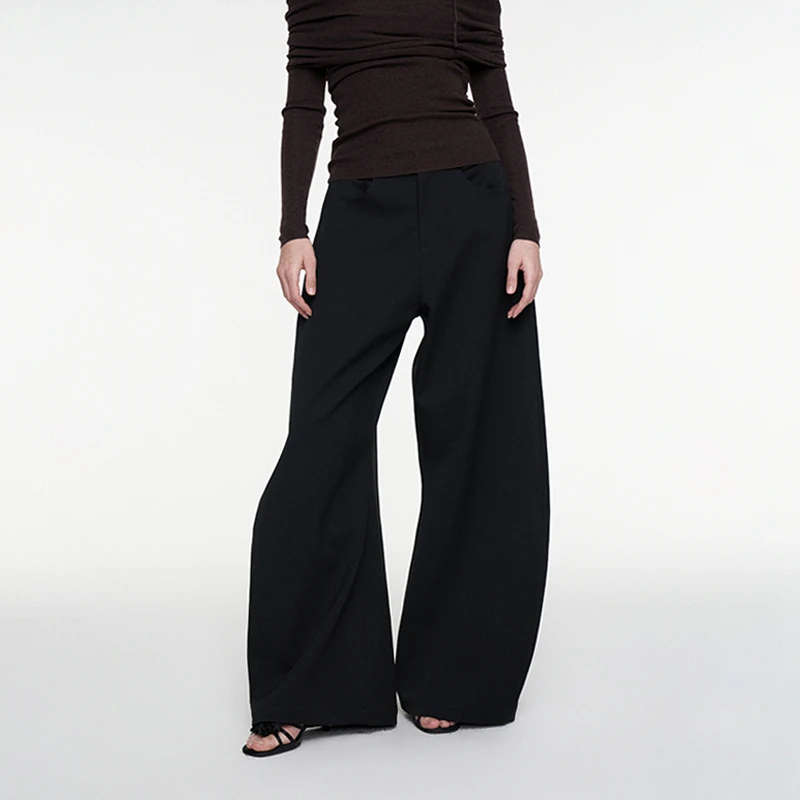 FIRSTFLOOR黑色垂感低腰西装裤女春季休闲直筒阔腿拖地弯刀裤子