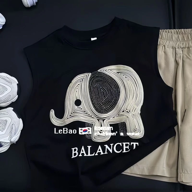 男童纯棉夏季新款背心无袖小象T恤卡通印花中小童儿童坎肩上衣潮T