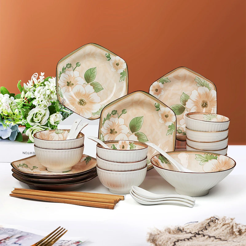 孟垣30件套复古山茶花家用个性简约陶瓷碗盘餐具套装【六角盘】