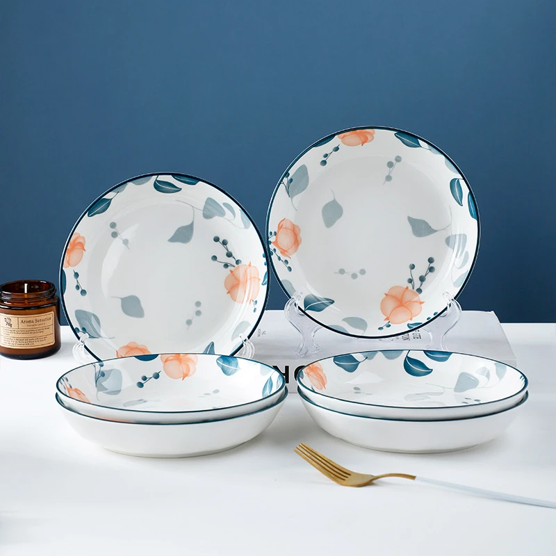 6只装7.2英寸木棉花陶瓷釉下彩家用创意炒菜盘沙拉盘点心盘L