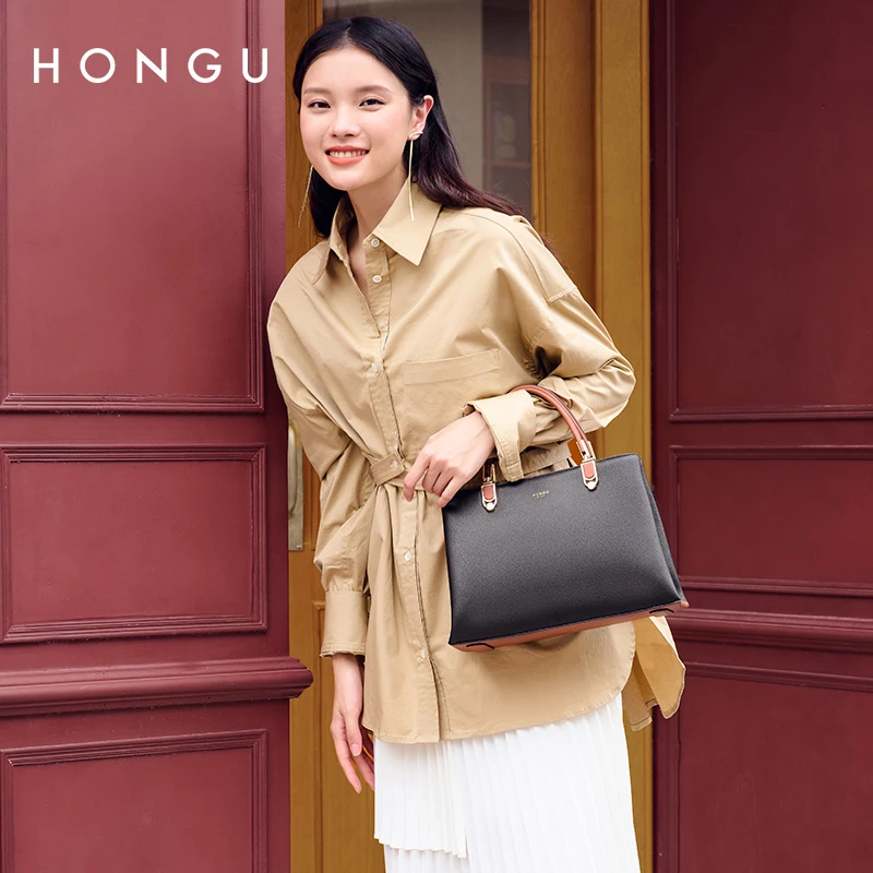HONGU/红谷包包新款大气牛皮单肩包手提包时尚大容量妈妈包女士包