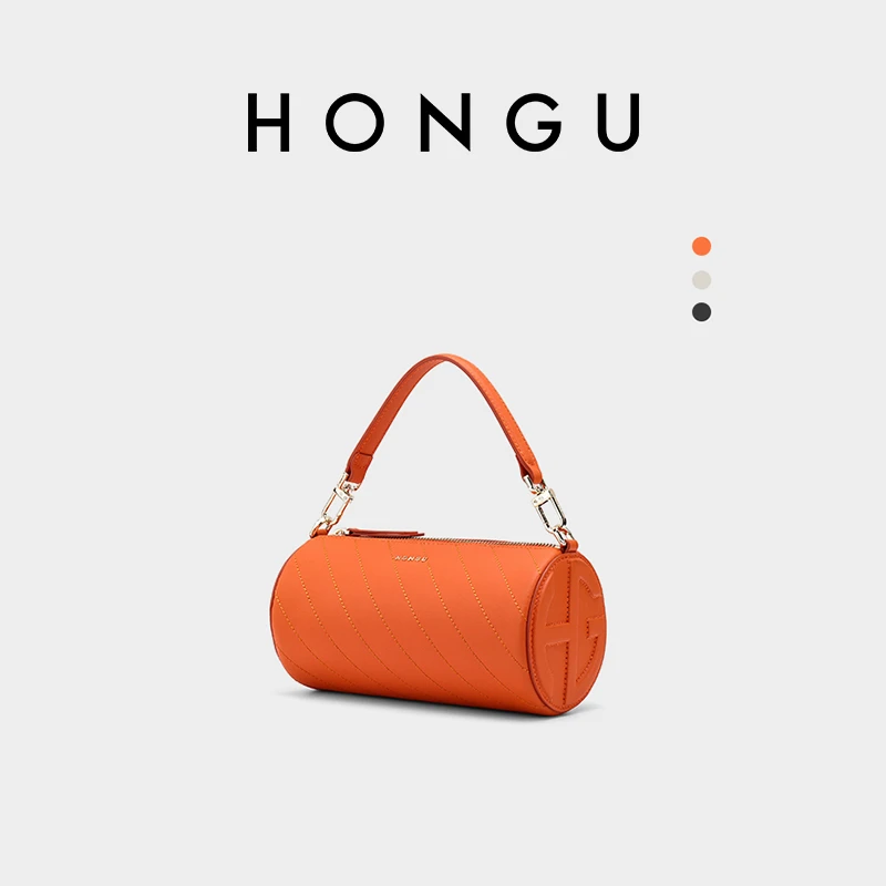 HONGU/红谷时尚新款牛皮女士小众腋下波士顿圆筒包潮流斜跨女肩包