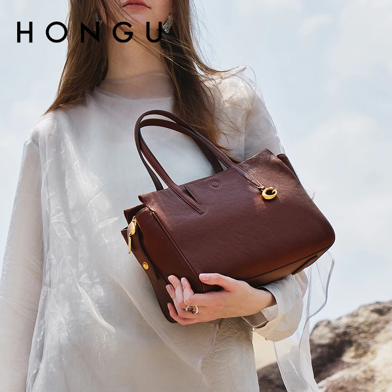 HONGU/红谷植鞣皮单肩手提包大容量牛皮托特包手拎女士包H5136052