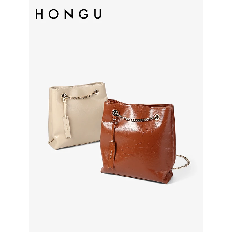 HONGU/红谷新款时尚百搭女士托特水桶包设计感油蜡皮手提包5371