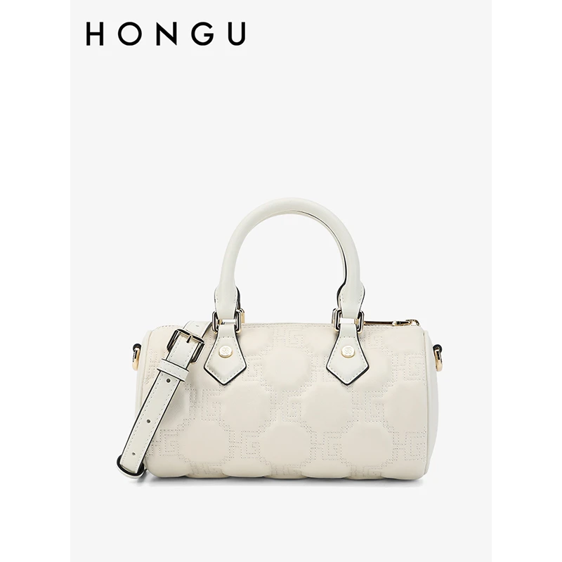 HONGU/红谷时尚女包手袋牛皮绣线波士顿手提包圆筒斜挎包5028